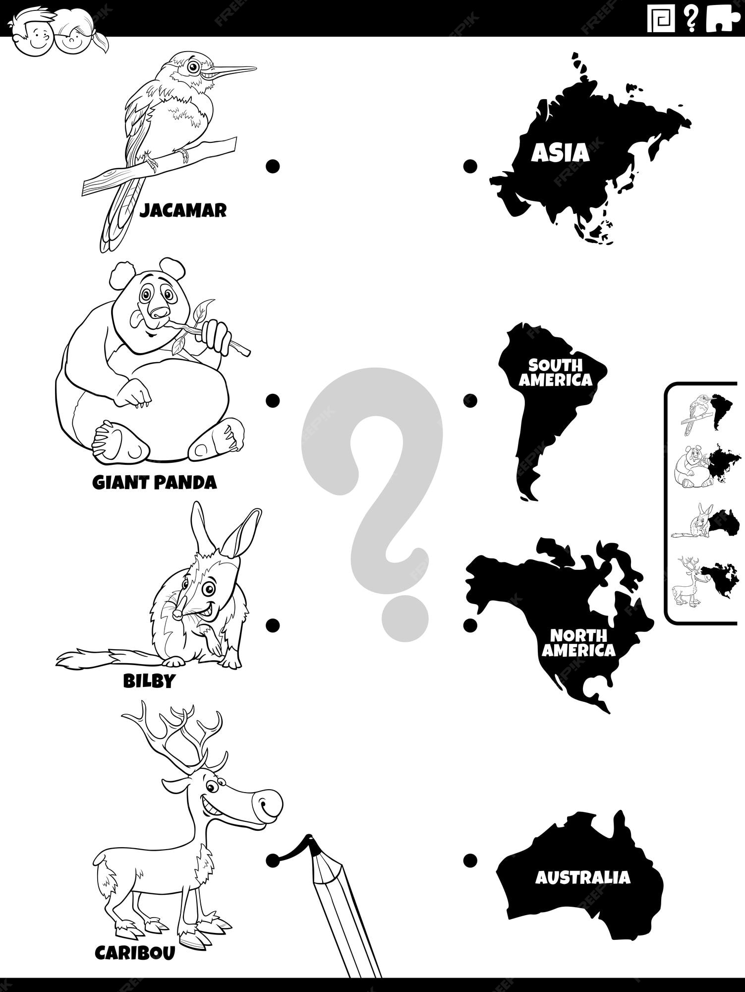 Premium vector matching task with cartoon animals and continents coloring page