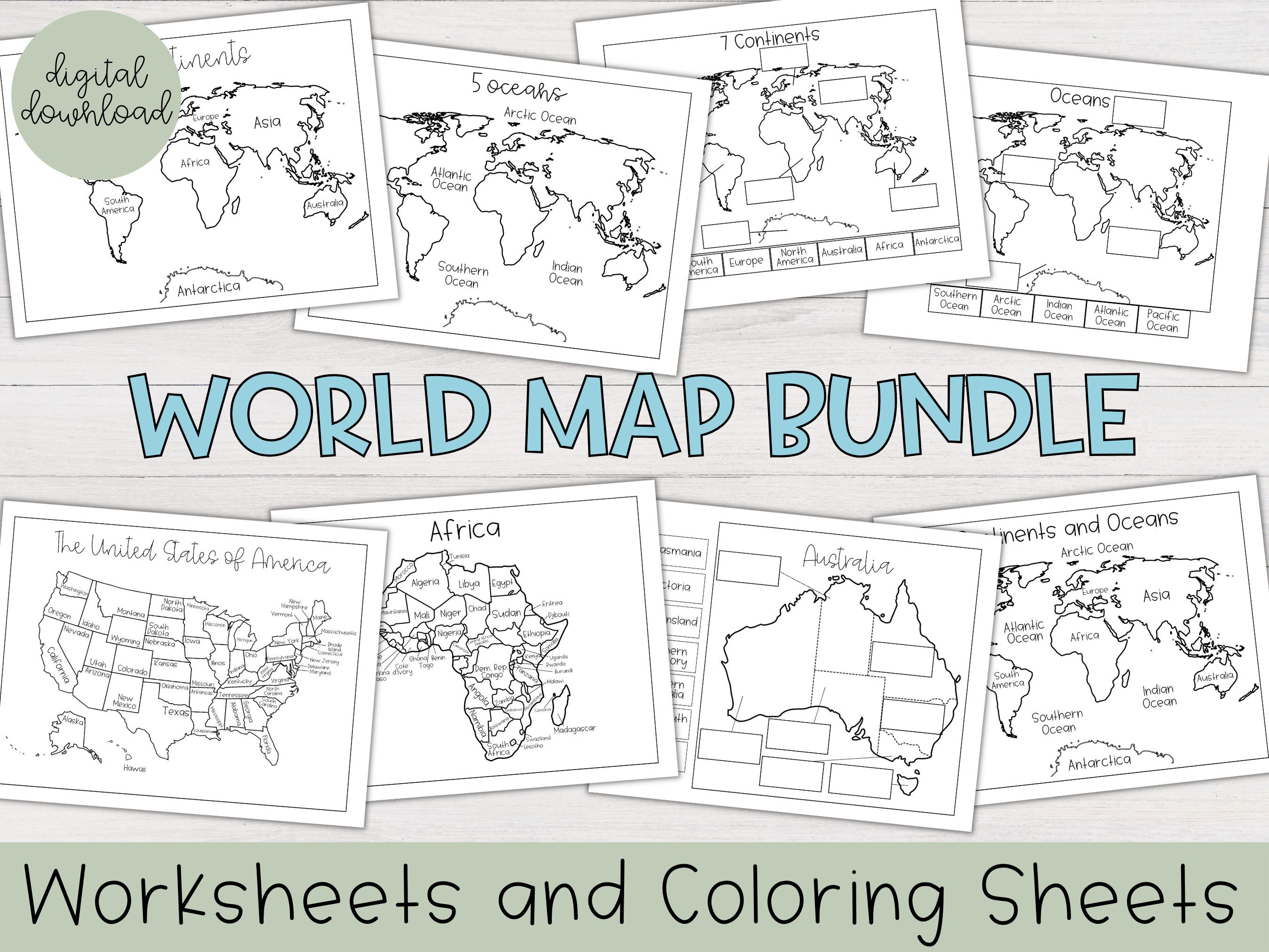 World map worksheet and coloring page bundle printable world maps printable continents and oceans worksheets continents worksheet map