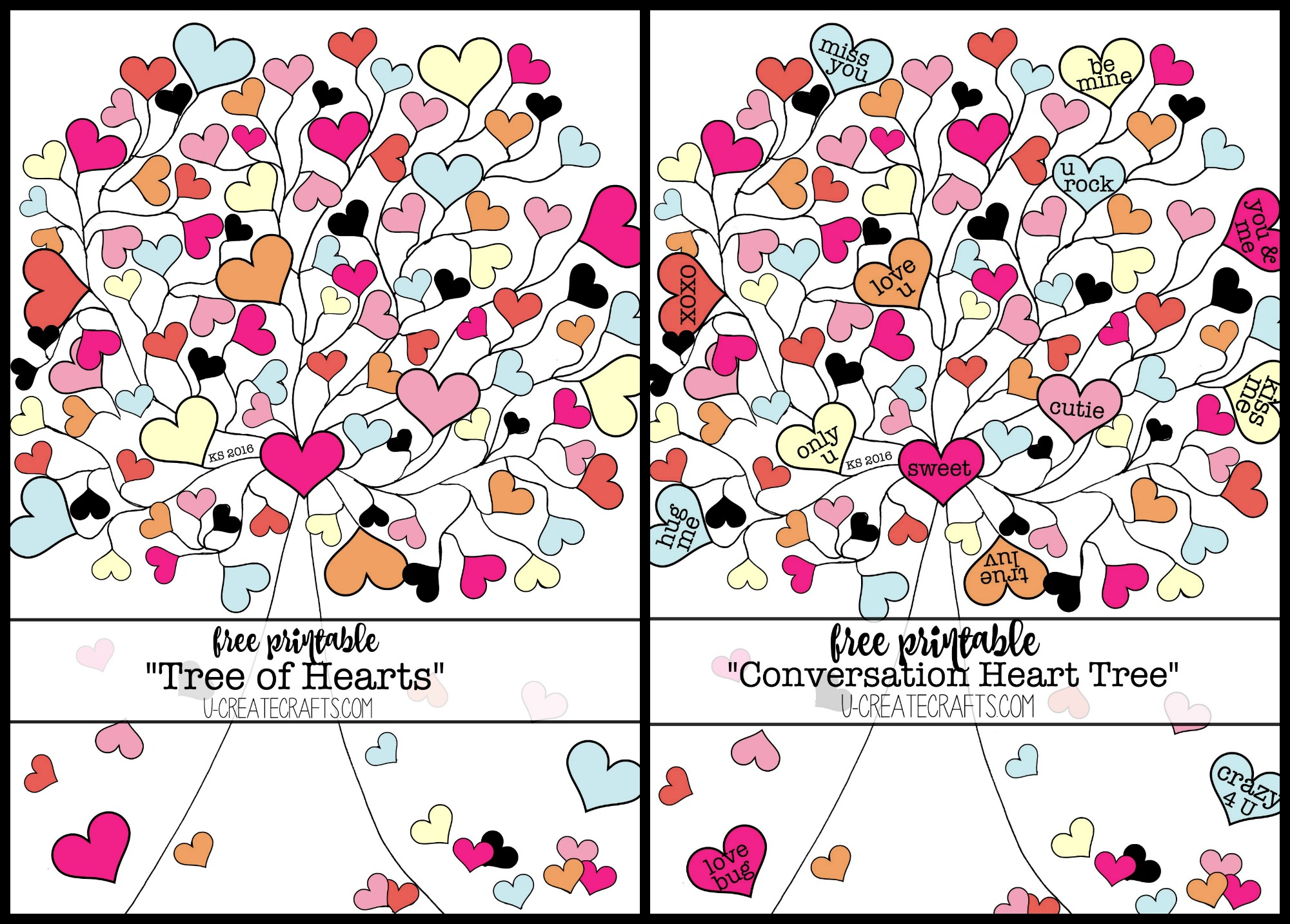 Valentine conversation heart tree coloring pages