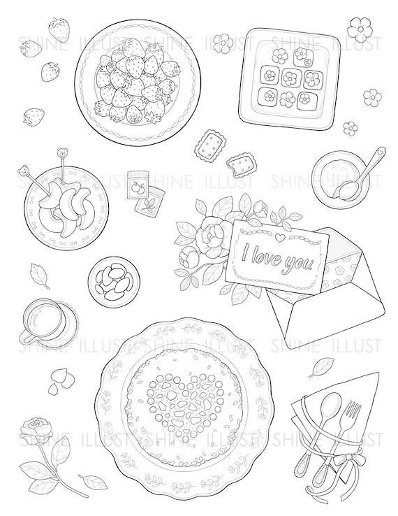 Printable coloring page food coloring pages fruit cookie letter tea coloring sheet digital download