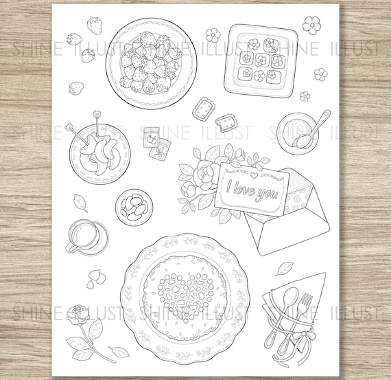 Printable coloring page food coloring pages fruit cookie letter tea coloring sheet digital download