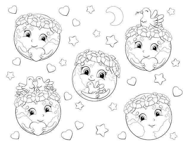 Premium vector set of cute planets for earth day coloring book page for kids cartoon style character