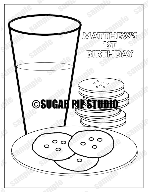 Personalized cookies and milk coloring page birthday party favor colouring activity sheet personalized printable template