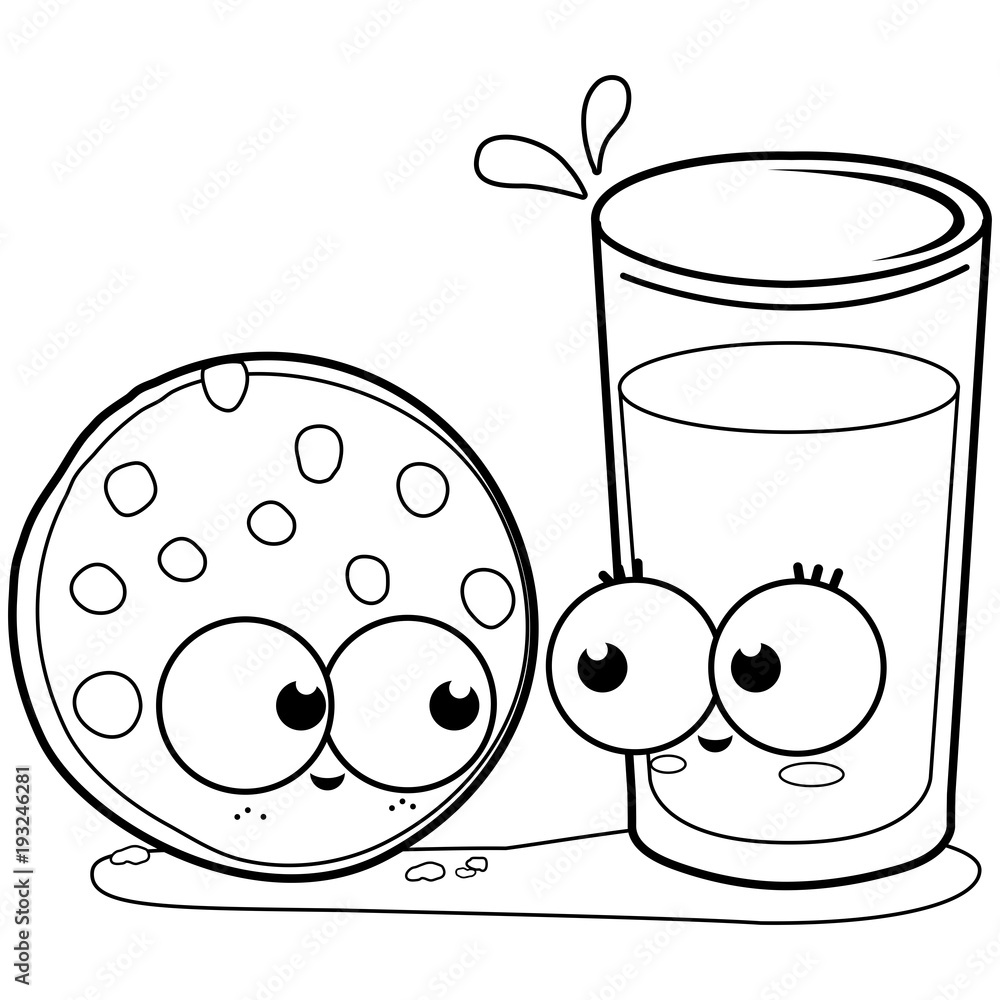 Cartoon milk and cookie characters vector black and white coloring page vector