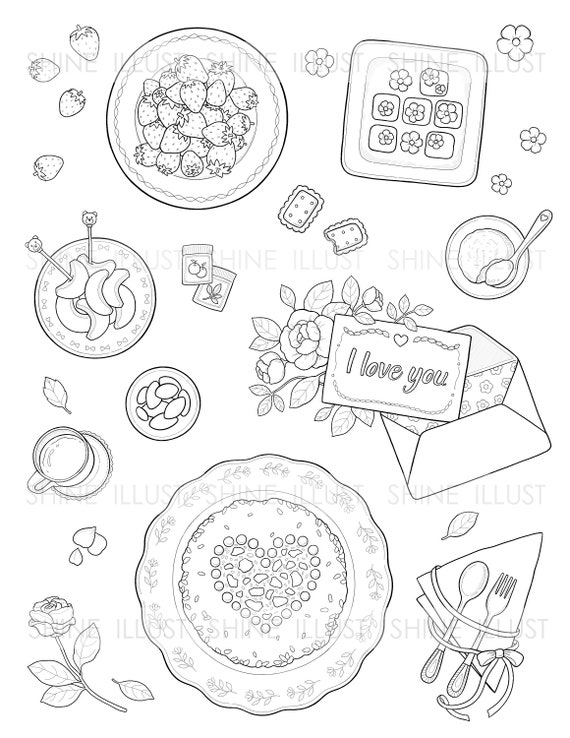 Printable coloring page food coloring pages fruit cookie letter tea coloring sheet digital download