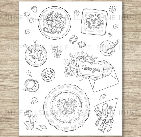 Printable coloring page food coloring pages fruit cookie letter tea coloring sheet digital download