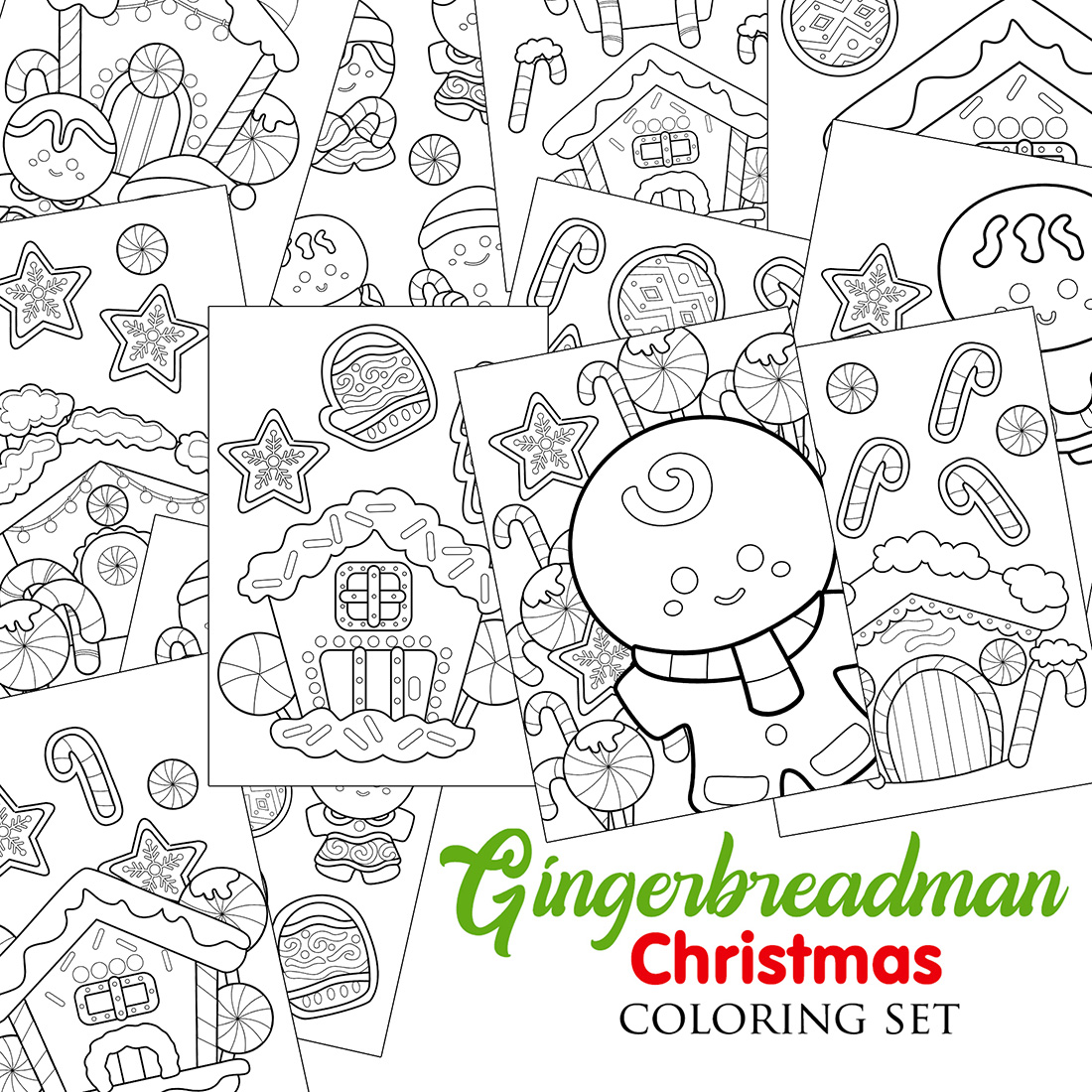 Cute gingerbread christmas cookies and house decoration object character cartoon coloring pages for kids and adult activity