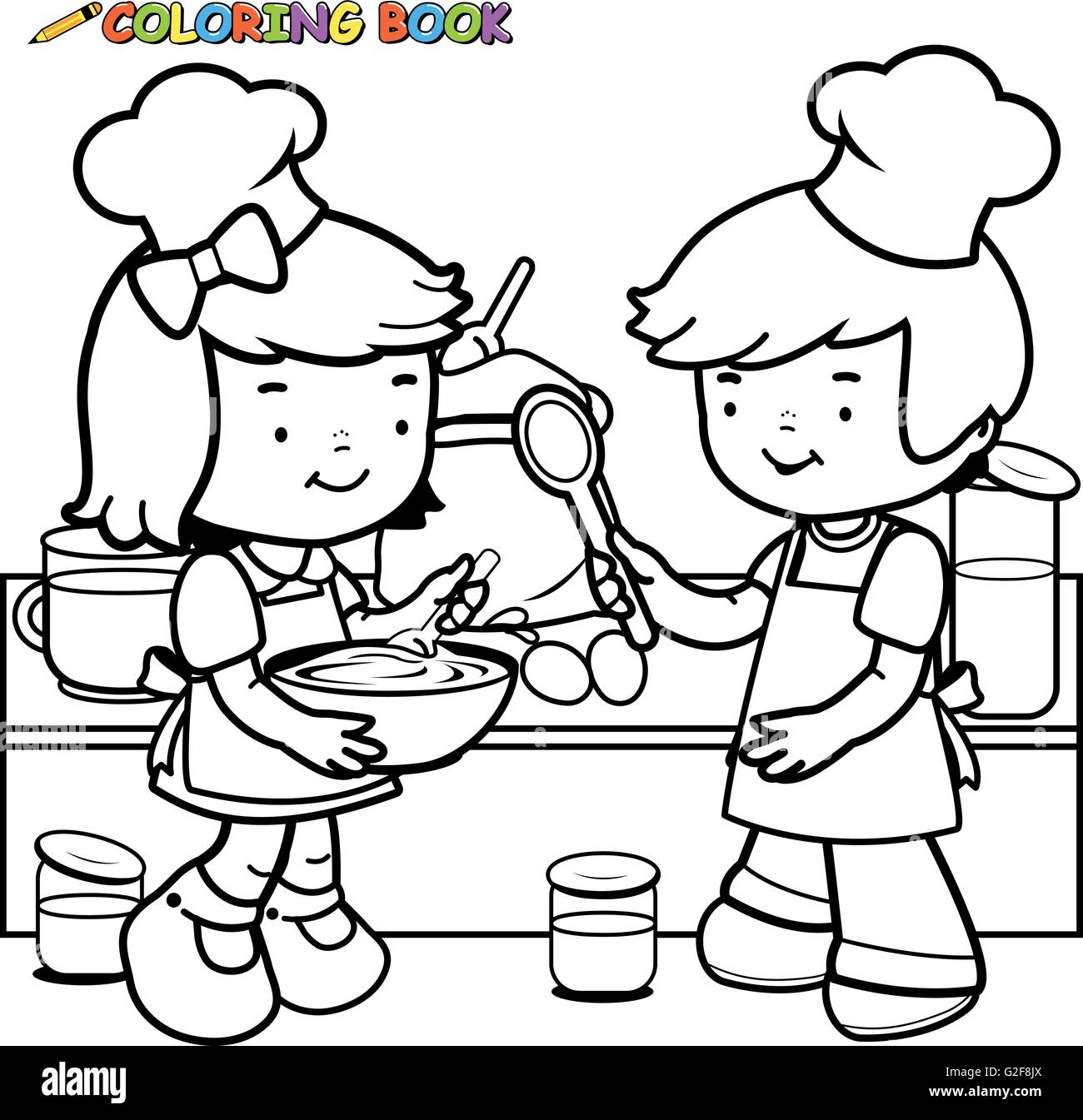 Children cooking coloring book page stock vector image art