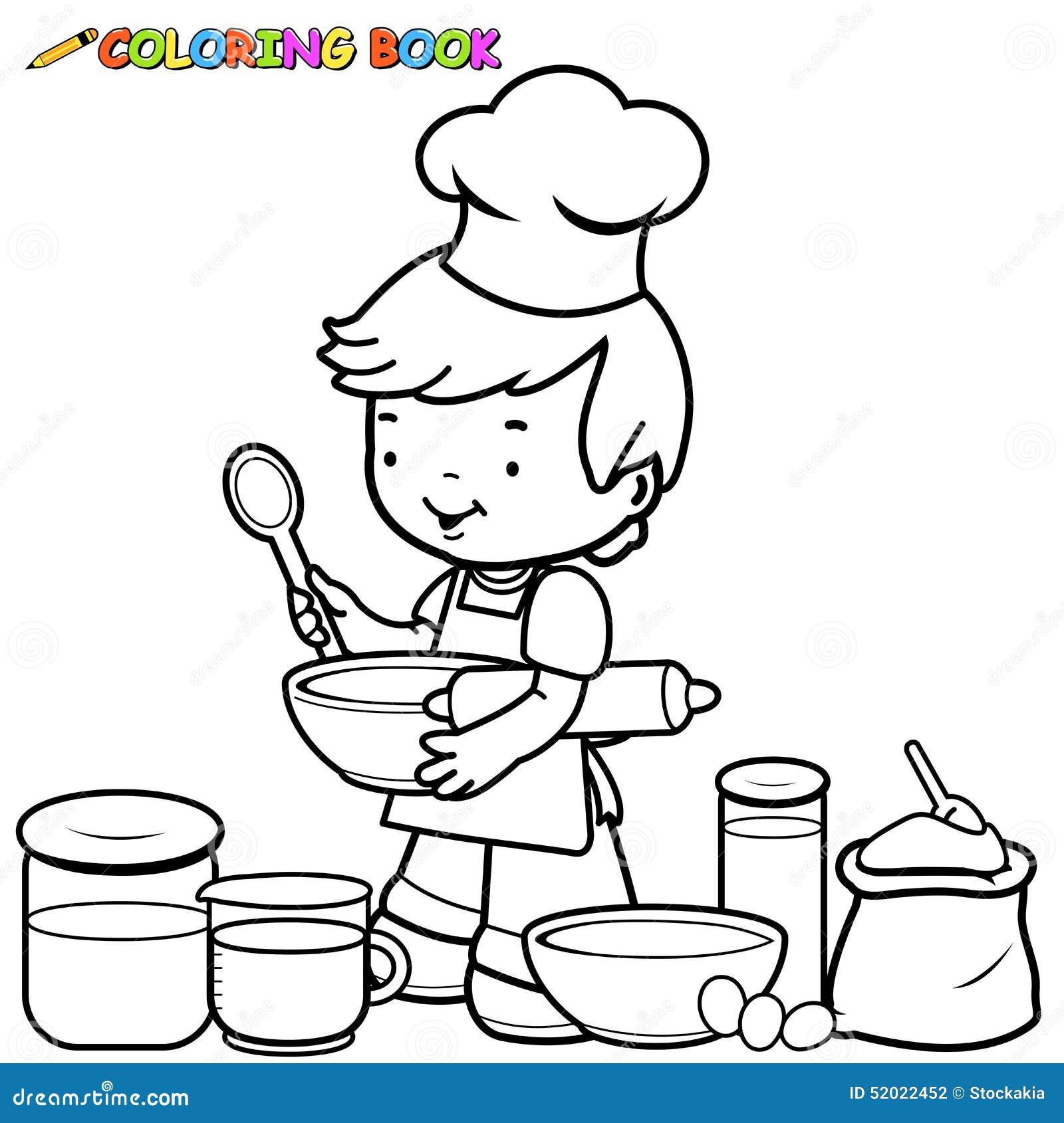 Little boy cooking vector black and white coloring page stock vector