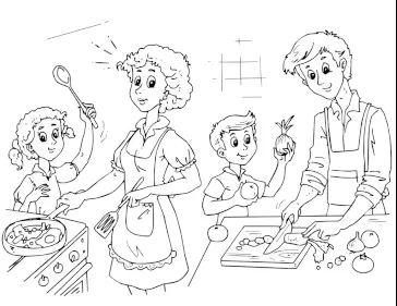 Family cooking coloring page