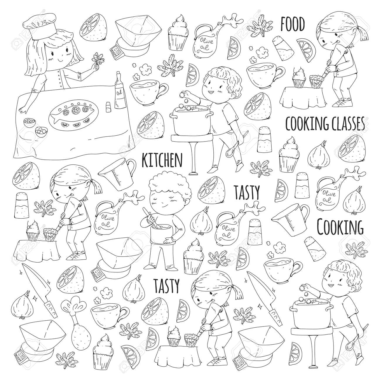 Coloring page for book kitchenware cooking class courses for children and parents stock photo picture and royalty free image image