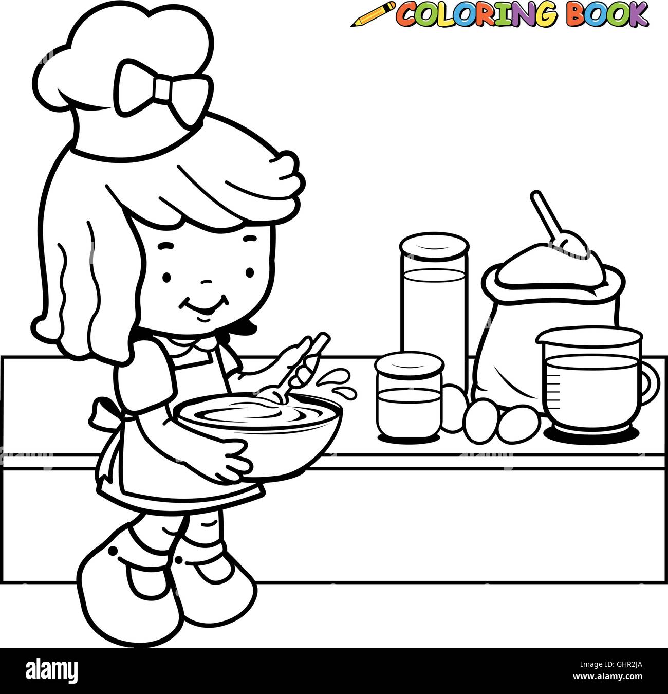 Little girl cooking coloring book page stock vector image art