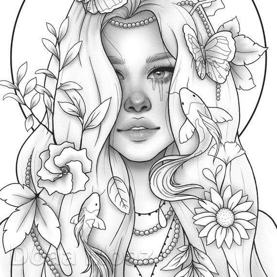 Adult coloring page fantasy girl animal portrait