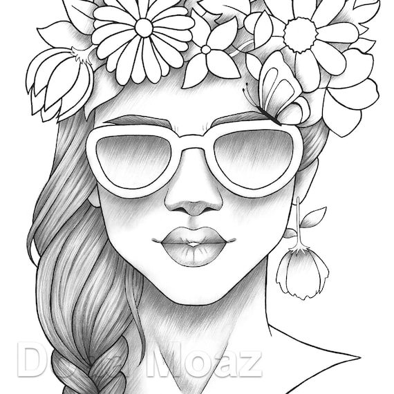 Adult coloring page girl portrait colouring sheet flower crown pdf printable anti