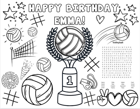 Customizable printable volleyball birthday coloring pages volleyball party favor volleyball party activity activity placemat