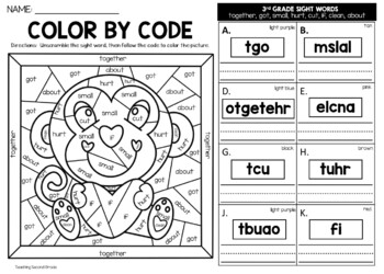 Valentines day color by sight word rd grade words unscramble word worksheets