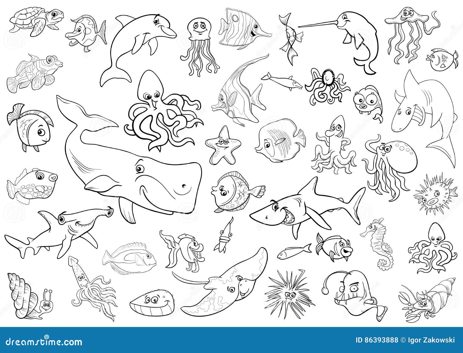 Sea life animals coloring page stock vector