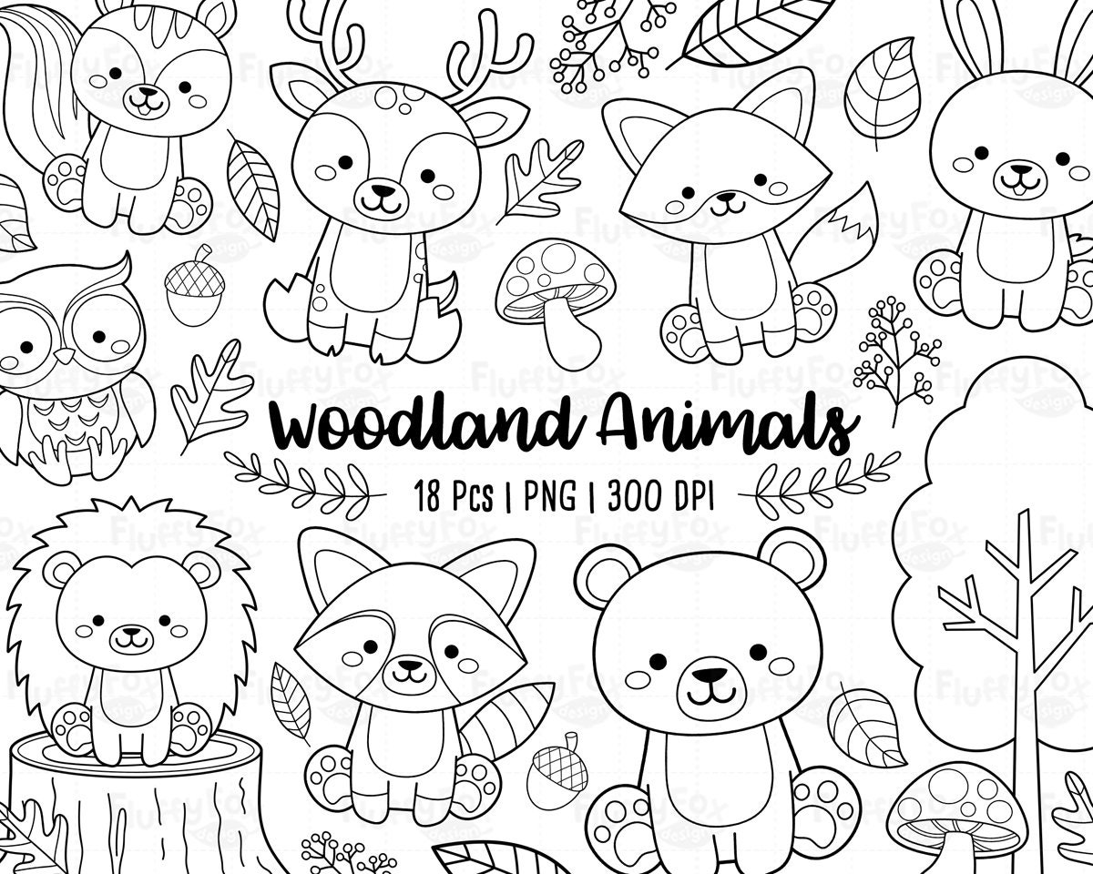 Woodland animals digital stamp forest kids coloring cute lineart fox deer squirrel raccoon rabbit owl bear hedgehog graphic png download