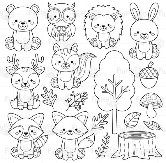 Woodland animals digital stamp forest kids coloring cute lineart fox deer squirrel raccoon rabbit owl bear hedgehog graphic png download