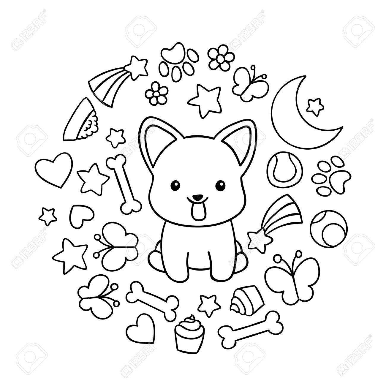 Coloring pages black and white cute kawaii hand drawn corgi dog doodles circle print print royalty free svg cliparts vectors and stock illustration image