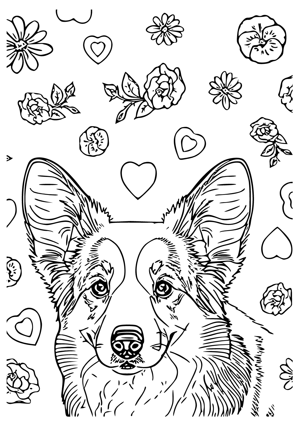 Free printable corgi flowers coloring page for adults and kids