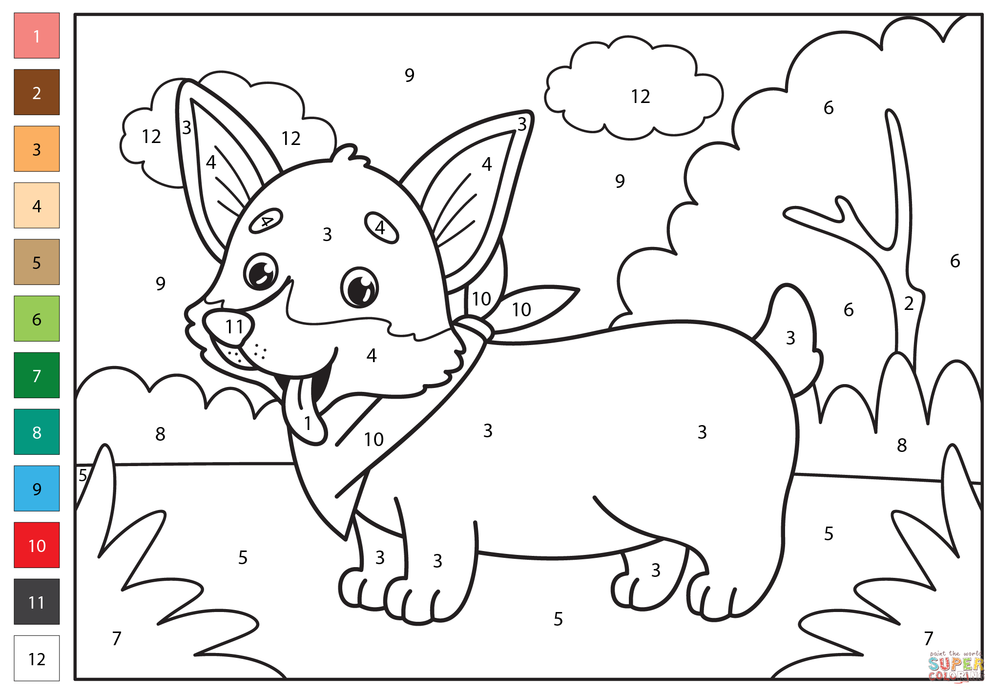 Corgi color by number free printable coloring pages