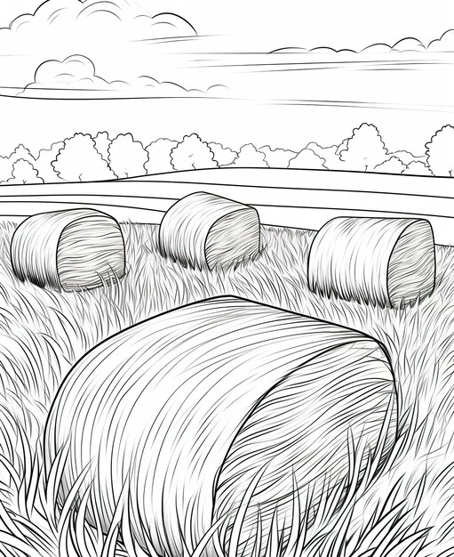 Premium ai image coloring page for kids field with haystacks