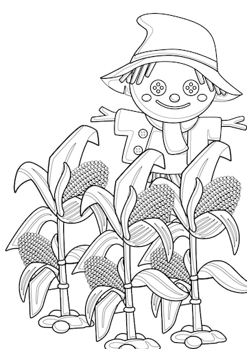 Premium vector cute autumn scarecrow and corn plants coloring pages a for kids and adult