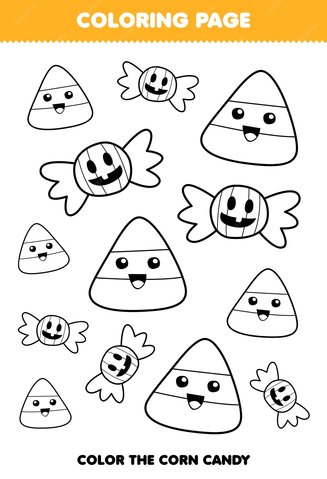 Premium vector education game for children coloring page of cute cartoon corn candy line art halloween printable worksheet