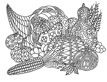 Cornucopia thanksgiving autumn zentangle coloring page by pamela kennedy