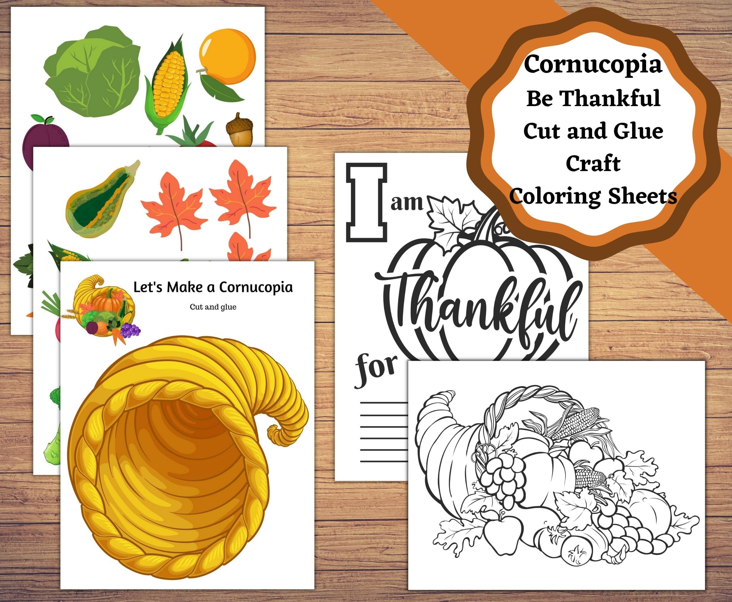 Printable cut and glue cornucopia craft with be thankful coloring sheets kids fall thanksgiving craft