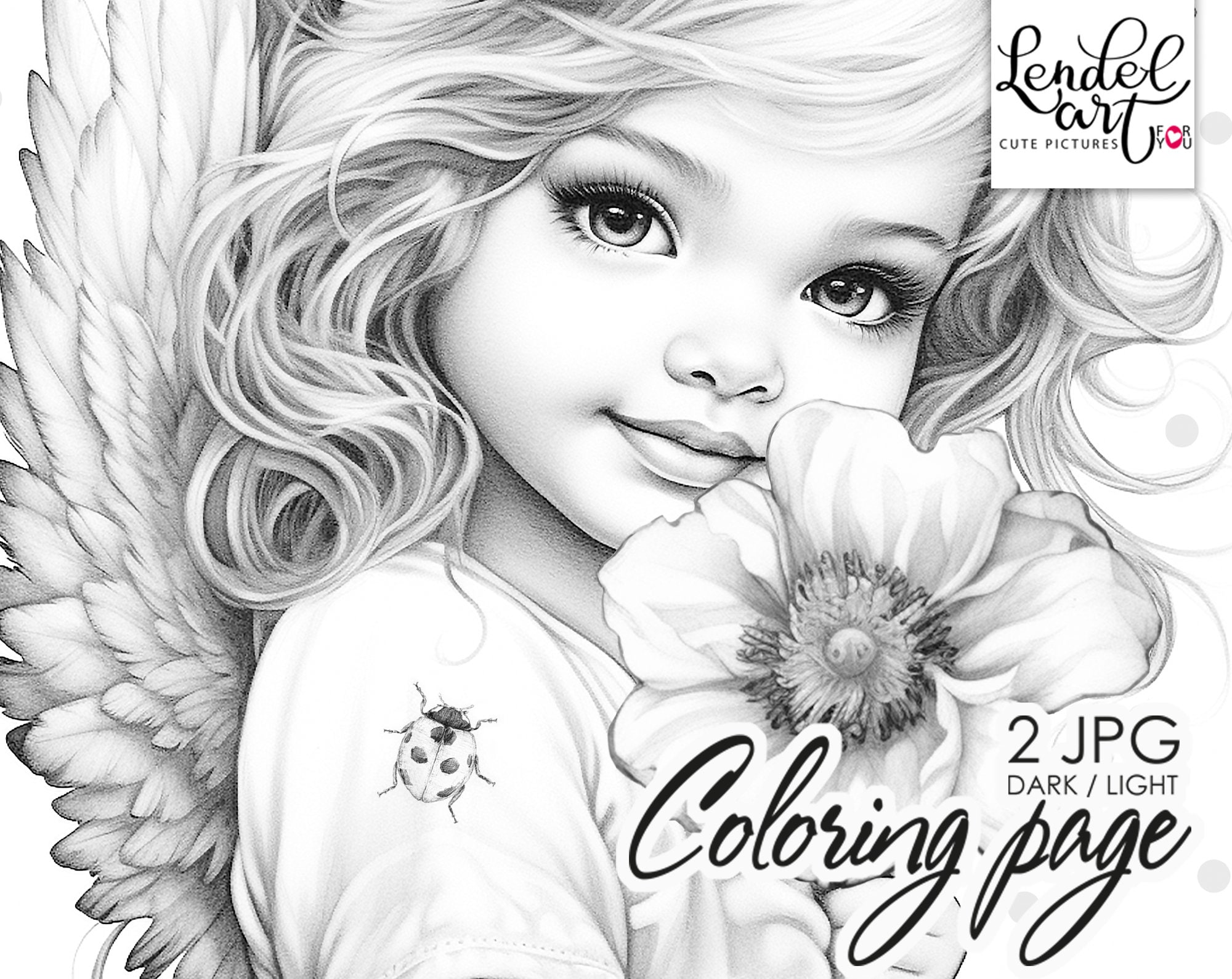 Baby angel coloring page for adults grayscale coloring page girl portrait instant download jpeg instant download