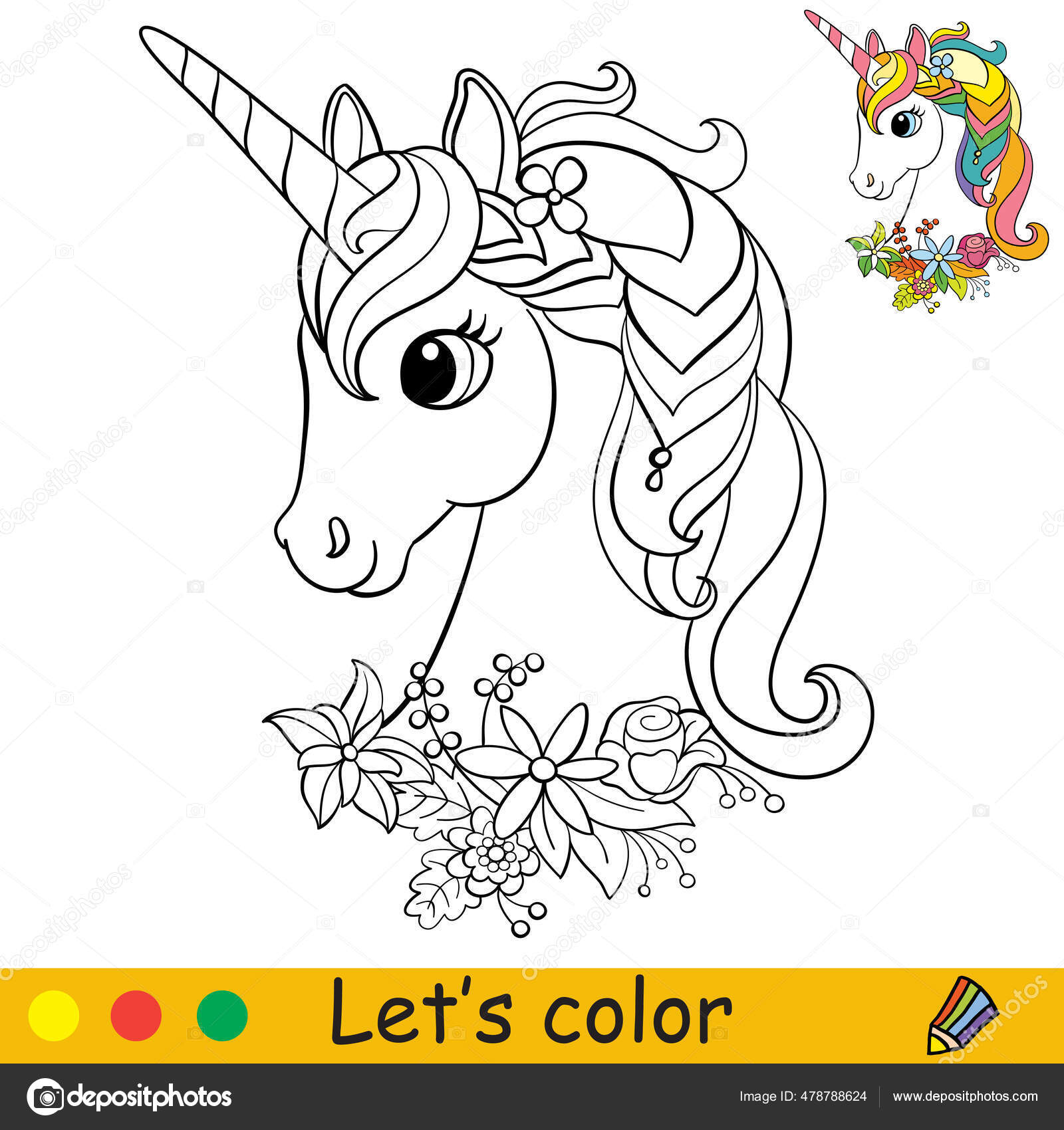 Unicornio lindo dibujos animados con una corona flores alrededor del vector de stock por alinart