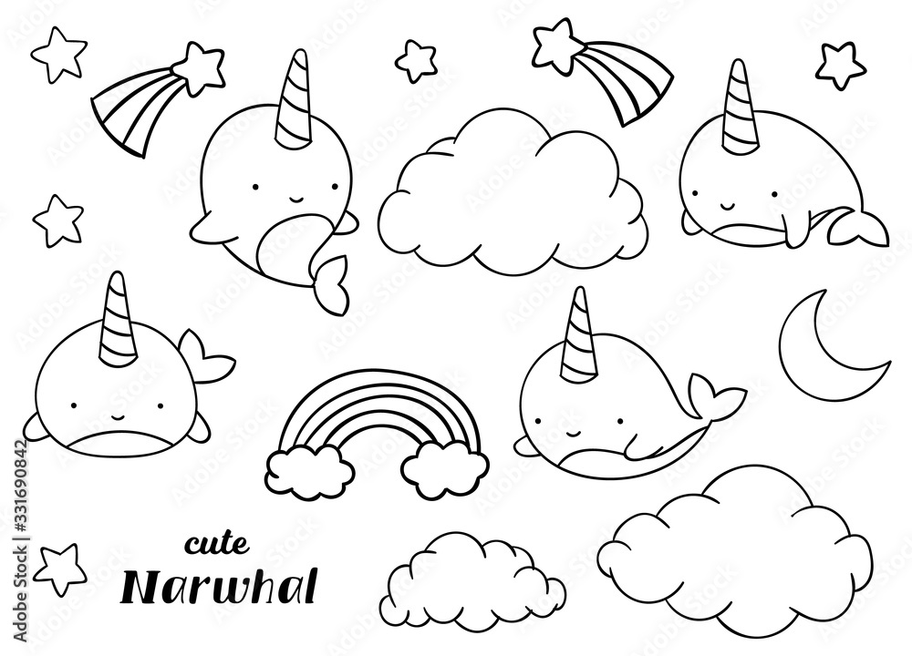 Coloring pages black and white set cute kawaii hand drawn narwhal doodles vector