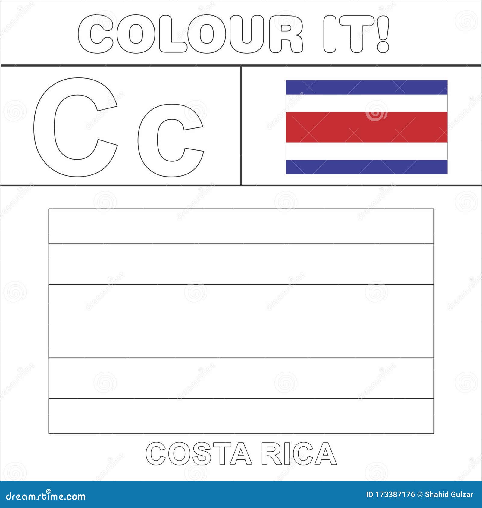 Colour it kids colouring page country starting from english letter c costa rica how to color flag stock illustration