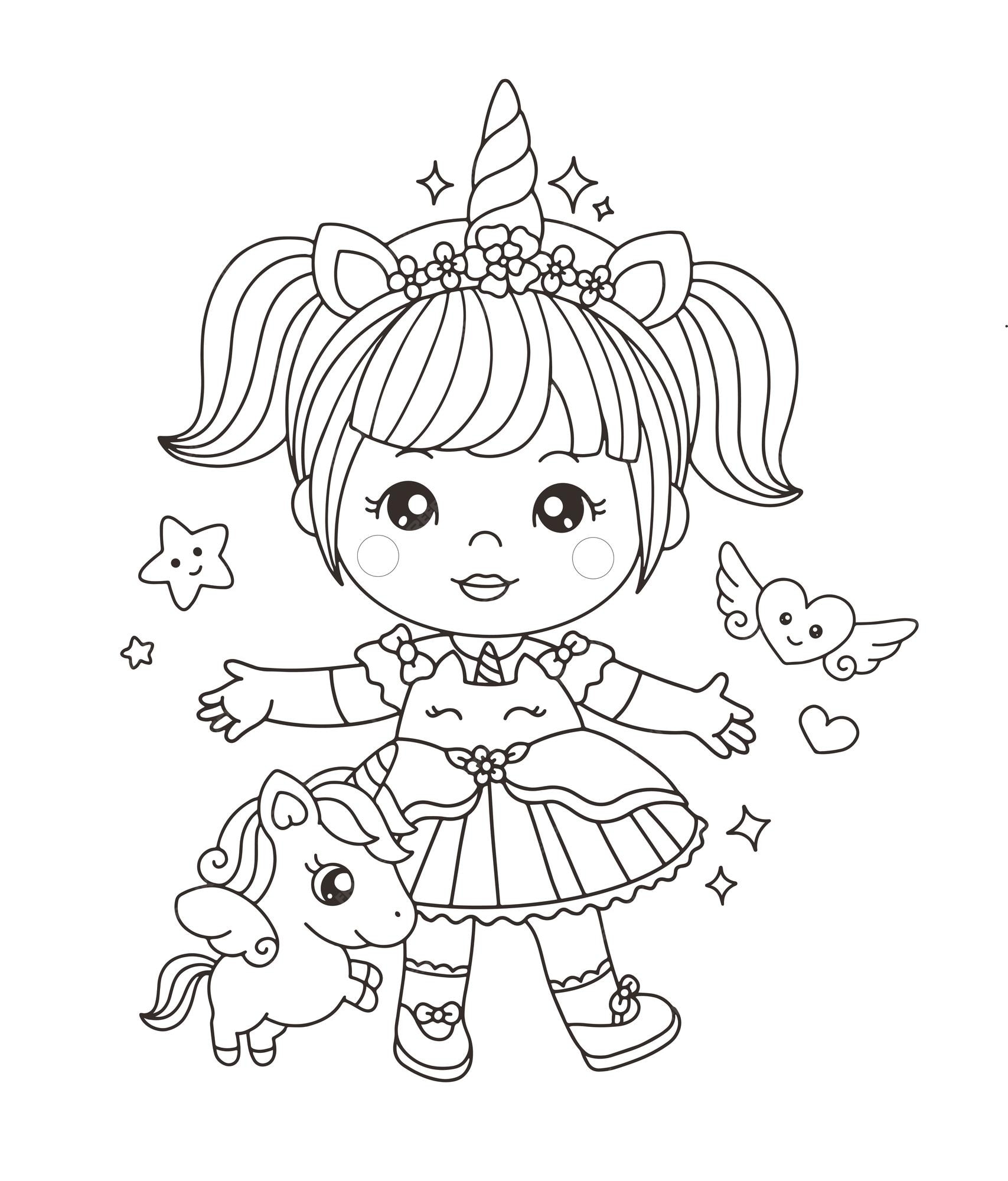 Premium vector cute girl in unicorn costume coloring page