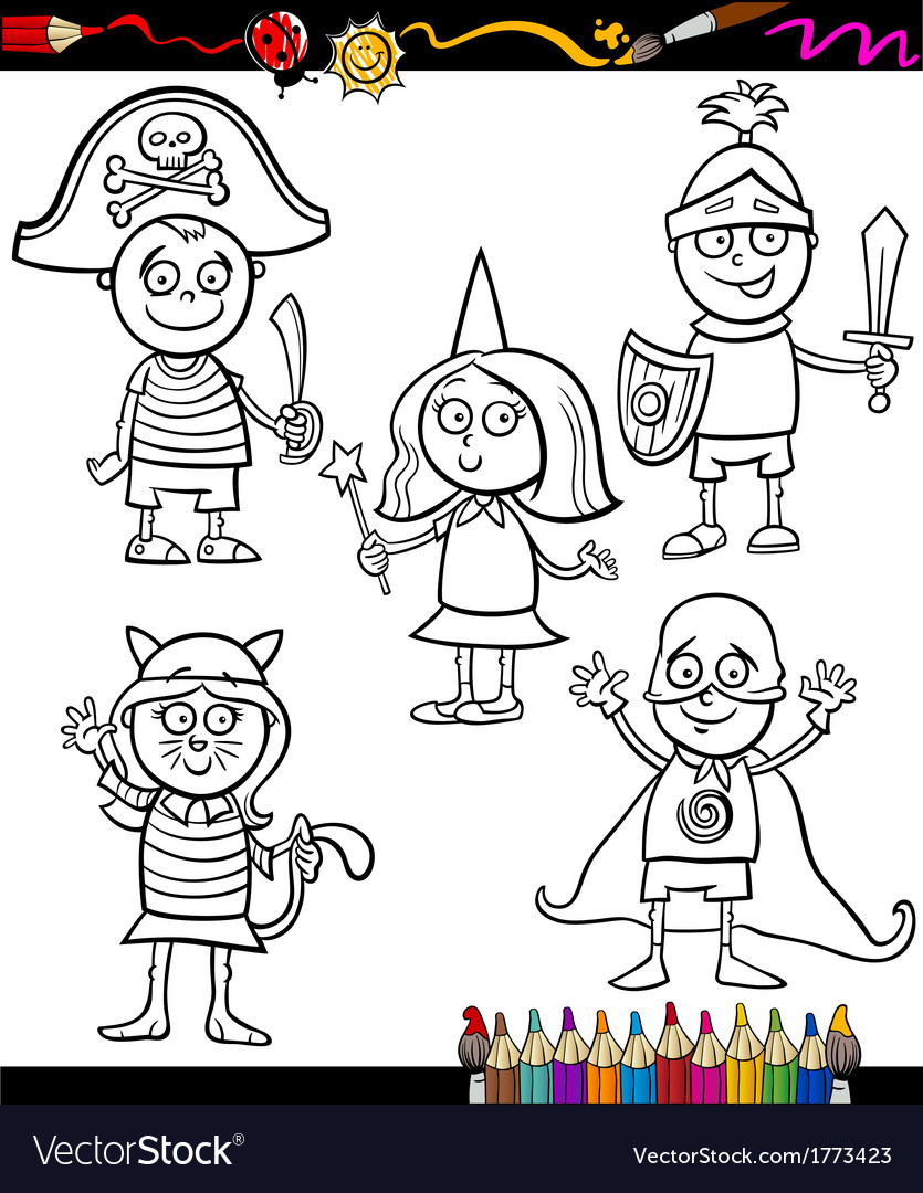 Kids in costumes set coloring page royalty free vector image