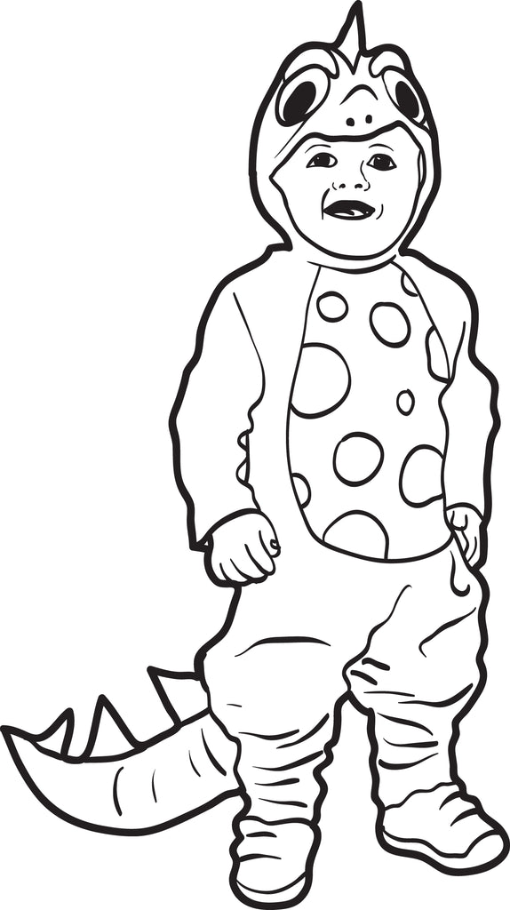 Printable halloween coloring page of a boy in a dinosaur costume â