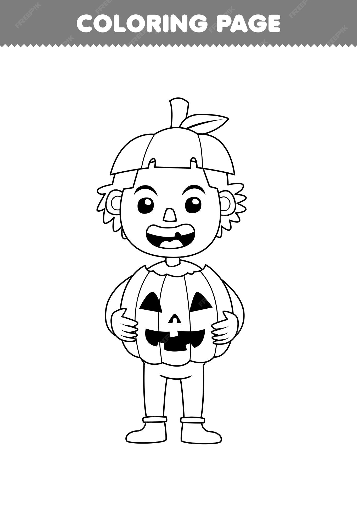 Premium vector education game for children coloring page of cute cartoon pumpkin boy costume line art halloween printable worksheet