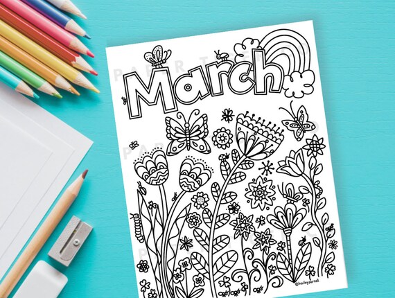 March spring coloring page kids activity page