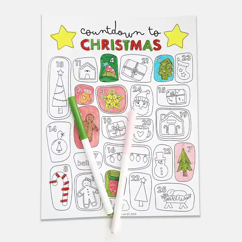 Countdown to christmas advent calendar coloring page