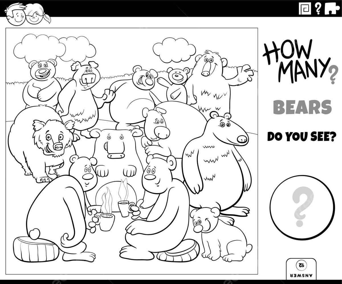 Coloring book page educational activity of counting cartoon bears vector color book wildlife estimate png and vector with transparent background for free download