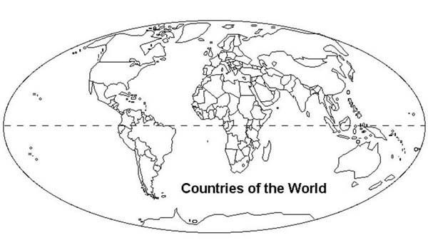 Countries of the world in world map coloring page