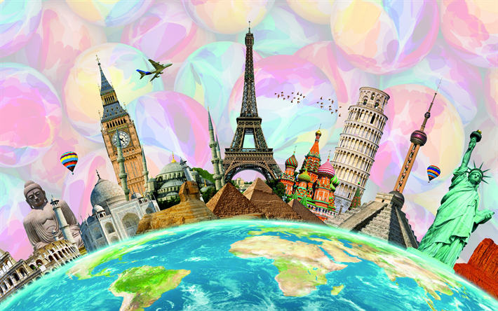 Download wallpapers landmarks of different countries travel concepts earth big ben eiffel tower colosseum leaning tower of pisa world tourism egyptian pâ travel collage wallpaper egypt wallpaper