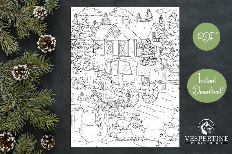 Christmas coloring page for adults christmas tree and snowman country farm procreate digital coloring printable art instant download download now