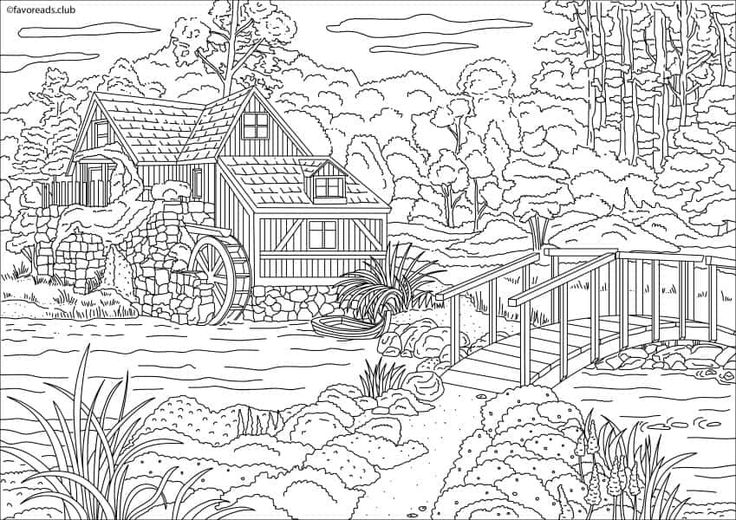 Country spring â house with a mill â favoreads coloring art coloring pages adult coloring pages printable adult coloring pages