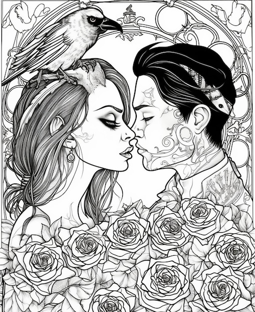 Premium ai image a black and white coloring page of a couple kissing