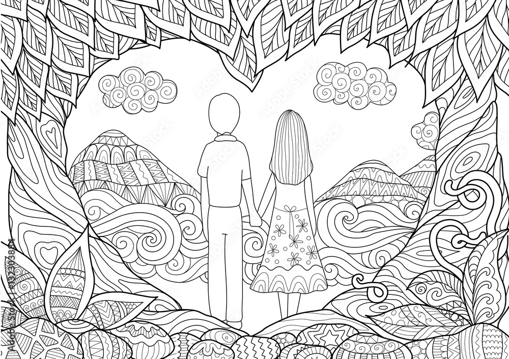 A couple holding hand spending good time together on the beach with two trees bending into hearted shape for card design and adult coloring book pages happy valentines day vector