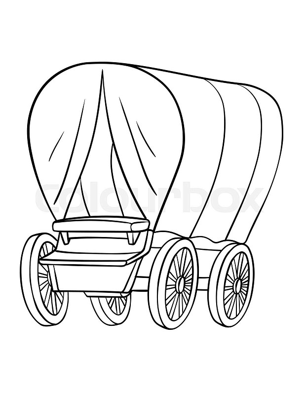 Cowboy covered wagon isolated coloring page stock vector