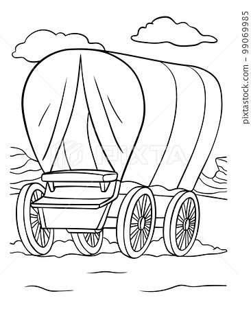 Cowboy covered wagon coloring page for kids